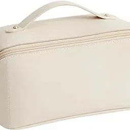 SHOPPOFOBIX Makeup Pouch,Large Capacity Cosmetic Travel Bag,Women's Makeup Travel Bag Portable Leather Cosmetics Bag,Makeup Bags With Handle And Divider,Wide Opening Makeup Organizer,12 Cms,Cream-image-92