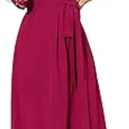 miss chase Women's Colored V-Neck Three-Quarter Sleeve Self-Designed Wrap Maxi Georgette Dress-picture-36
