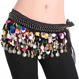 PRATIKA Belly Dance Chiffon Hip Scarf Wrap Belt Tribal Coin Sash Gold Coins | Women's Belly Dancing Belt Colorful Waist Chain Belly Dance Hip Scarf Belt-picture-36
