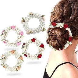 Melodio 4PCS Rose Flower Pearl Hair Tie for Women, High Elastic Ponytail Holder, Elegant Sweet Style Hair Rope, Non-Damaging Fashion Hair-picture-21