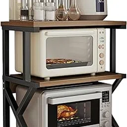 Supvox® Over The Microwave Oven Rack Kitchen Countertop Organizer, Carbon Steel Kitchen Utility Utensils Storage Organizer, Double Layer Wooden Shelf Design Space Saver Storage Shelf-picture-10