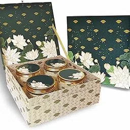 Cardboard Gift Box 9(L) X 9(B) X 3.5(H) Inch Lotus Floral Gold Foiling Designer Box With 4 Empty Jars For Diwali,Weddings,Christmas,Corporate Gifts,Gift Hampers,1 Count-image-51