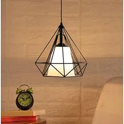 Carsten Decorative Metal & PVC Hanging Lamp/Pendant Lamp/Ceiling Light for Decor Home/Living Room/Bedroom/Office/Dining/Cafe/Restaurants, Diamond Shape with White Glass, Black and White-picture-13