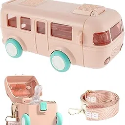 ARNIYAVALA Water Cup in Bus Shape for Kids - 16oz/500ml Detachable Leak-Proof Plastic Drinking Bottle with Shoulder Strap (Pink) image 1