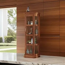 Sheesham Wood Corner Book Shelf with Fiber Glass Door, Wooden Bookcases Shelves, Display Unit, Kitchen Cabinet for Living Room Home Office (Honey Finish)-image-2