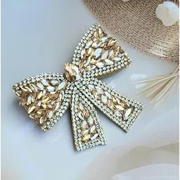 STAR SAI COLLECTION- Golden Embellished Crystal Bow Hair Clip – Stylish Stone Studded Bow Barrette for Women & Girls | Fancy Party & Bridal Hair Accessory (Pack of 1)-picture-18