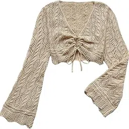 gorglitter Women's Hollow Out Crochet Crop Sweaters V Neck Tie Front Long Sleeve Boho Knit Tops-picture-26