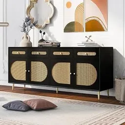 TGF Furniture Store Modern Rattan Sideboard Cabinet – Black Wooden Storage Unit with 4 Cane Webbing Doors and Gold Metal Legs – Contemporary Buffet Console for Living Room or Dining Room-image-16