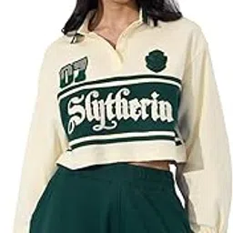 the souled store Harry Potter: Slytherin Prefect Women and Girls Long Sleeves Collared Neck Off White Graphic Printed Cotton Cropped Rugby Polos-picture-42