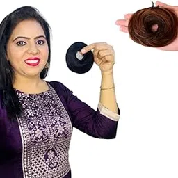 Abnitio Hair 100% Natural Human Hair Donut Bun Scrunchie Straight For Women And Girls (Pack of 1,Natural Brown,High Density) image 1