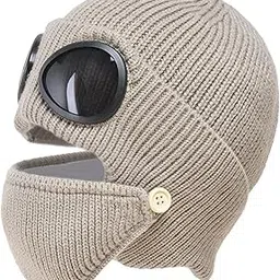 myaddiction Unisex Wool Knitted Goggles Beanie with Face Mask Set Winter Warm Hat Khaki-picture-22