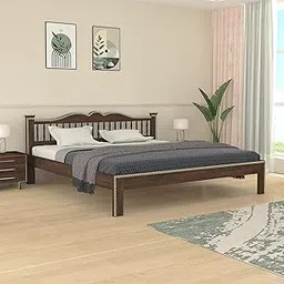 RJ ART Wooden Queen Size Bed Without Storage | Double Bed Cot Bed with Traditional Brass Work for Bedroom & Hotel | Platform Bed/Palang | Sheesham Wood | Walnut | Recommended Mattress Size: 78 X 60-image-2