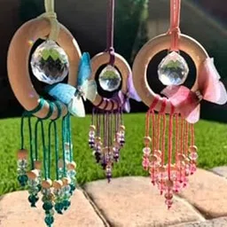 Mannikin Suncatcher Dream Catcher Wall Hanging Set, Crystal Suncatcher with Butterflies and Bells, Wooden Ring Beaded Decor, Car Pendants Dream Catcher Set of 3, Pink Purple Teal-picture-21