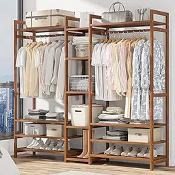Naayaab Craft Bamboo Cloth Rail, Garment Rack with Shelves Free Standing Open Bamboo Clothes Wardrobe With Coat Hanger Stand for Entryway, Living Room, Hallway, Bedroom-Brown-(Size-155x30x150cm)-image-19