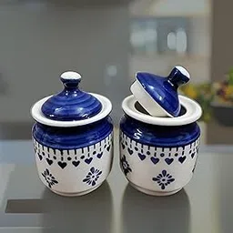 Ceramic Multicolour Mini Jars with Lid, 200ml, Set of 2 (Blue Jhalar)-picture-17
