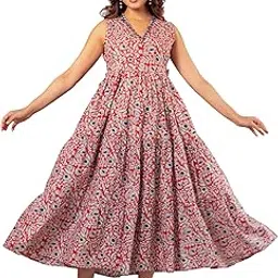 Woman Cotton Blend V Neck Printed Embroidery Sleeveless Full Lenght One Pics Dress/Maxi/Gown/Nighty.-image-44