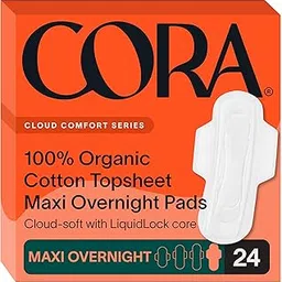 Cora Organic Cotton Period Pads, Maxi Overnight Absorbency, with Wings & Dry Wicking Technology (24 Count)-picture-24