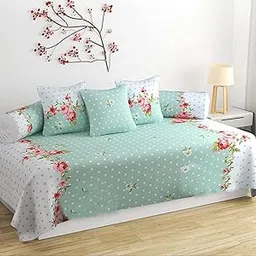 Diwan Cover Set, 6 Pieces, Green, Floral Pattern, Standard Size, Soft Touch Ezyption Cotton, Includes 1 Single Bedsheet, 3 Cushion Covers, 2 Bolster Covers image 1