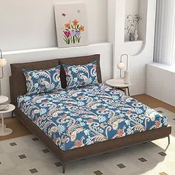 Luxury Queen Size Set, Blue and Coral Paisley Pattern Bedding, Decorative Floral Design with Matching Pillow Shams, Modern Bedroom Ensemble-image-91
