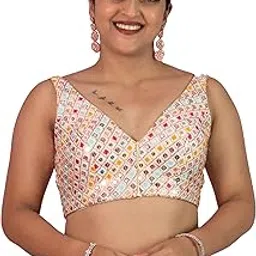 figure's designer Women's Sequin Embroidered Designer Zari Lace Mirror Work V Neck Sleeveless Readymade Saree Blouse Padded Stitched Lining Plus Size Pink Red Yellow White Maroon Multicolor Top | E4-picture-17