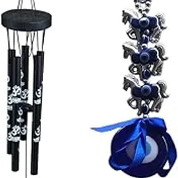Ryme Black Wind Chimes & Om Rudraksha 5 Rod Metal Wind Chime (Black Om and Three Horse Evil Eye)-image-95