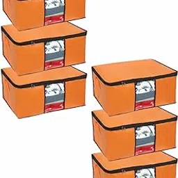 Pretty Krafts Set of 6 Non Woven Underbed Storage Bag with Handles, Clear Window & Zipper Lock | Quilt, Comforter & Blanket Cover Organiser | Foldable Cloth Storage Closet Bag (62x45x30cm, Orange)-image-62