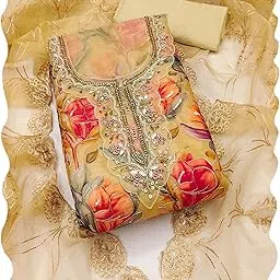 peachmode Women's Floral Printed Sequins & Moti Handwork Organza Unstitched Dress Material | Stylish Latest Ethnic Casual Funtion Wear Kurta Kurti Top Pant 3 Piece Fabric for Salwar Suit Set image 1