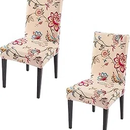 HOKIPO 140GSM Elastic Dining Table Chair Cover Set of 2, Beach Beige Dahlia (AR-5131-D11*2) image 1