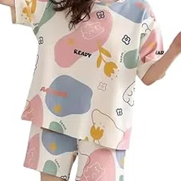 limnoria Women's Cotton Blend Pajama Set, Short Sleeve T-Shirt and Shorts, Cute Bear Print Nightwear, Purple and Grey-picture-46