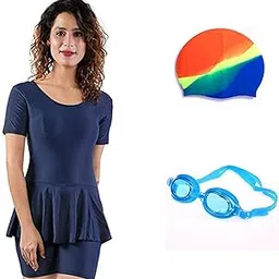 r lon Swimming Costume Dress for Women | Swimming Goggles | Swimming Cap - Combo kit Perfect for Girls/Women (L, Navy-Blue)-picture-42
