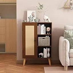 Kulariya G Furniture Wooden Storage Cabinet with Rattan Doors, Rattan Floral Trim, Multi-Purpose Storage Cabinet for Living Room and Bedroom (Walnut)-picture-38