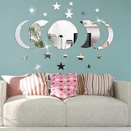 20 Piece Moon and Star Mirror Set | Acrylic Wall Decor | Self-Adhesive Bohemian Home Decor Mirror | for Home/Living Room/Bedroom Decor | Silver-image-49