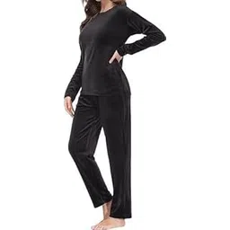 kosweem Women Velour Lounge Set 2 Piece Velvet Pajama Set Sweatsuit Crew Neck Sweatshirt and Flared Sweatpant-picture-13