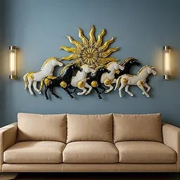 ZXC Decorative Metal Wall Art, One Side Running 7 Horses with Sun Design With LED Light, Modern Home Wall Decor Size-38 * 20 Inch Black & White-image-60