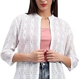 Women’s White Lace Cotton Shrug | 3/4 Sleeve Jacket Style Koti | Casual Self-Design Shrug-image-50
