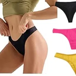 Women Cotton Comfortable Fabric Daily Use Regular Wear Mid Rise Thong Panty G-String Panties Pack of 3 - Black Pink Yellow-picture-34