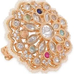 18K Gold Plated Multicolor Kundan & Cubic Zirconia Studded & Pearls Beaded Traditional Adjustable Finger Ring for Women & Girls – Perfect for Festive & Wedding Occasions.-image-11