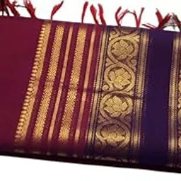 Women's Chettinad Cotton Sarees - 80s count Elegant Golden Zari Woven Long Border Plain Saree With Blouse (Red & Blue mixed colour)-picture-30