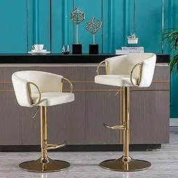 My Art Design - Set of 2 Bar/Kitchen Chairs 360 Degree Rotatable Swivel Elegant Classy & Comfortable Chair with Golden Base and Velvet Fabric (2 Chairs) (Ivory Velvet Model 2)-picture-32