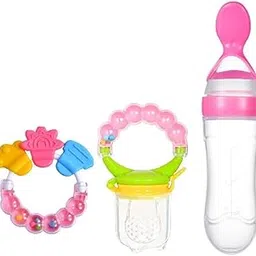 Jingle Kids Baby Pack of 3 Premium Squeeze Silicone Spoon Feeding Bottle with Soft Silicone Rattle Nibbler & Ring Shape Rattle Teether BPA Free (DESIGN 5008)-picture-28