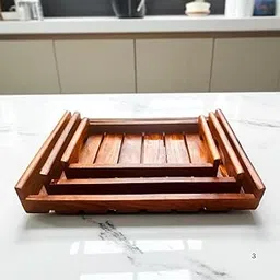 Wooden Serving Trays Modern Style with Cutout Handle Large, Medium and Small for Food, Wooden Trays for Breakfast - Natural Wood and Brown (Set of 3) Rectangular-image-0