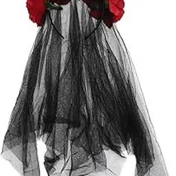 lurrose Day of The Dead Veil Headband Rose Flower Crown Veil Halloween Costume Mexican Headpiece for Women ( Black )-picture-11