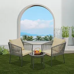 OUTLIVING Braid & Rope Garden Patio Seating Chair and Table Set Outdoor Balcony Garden Coffee Table Set Furniture with 1 Table and 2 Chairs Set with Cushion (Grey and Cream)-picture-36