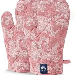 Encasa XO Oven Gloves Heat Proof | Microwave Cooking Mittens for Baking & Kitchen Use | 18x30 cm | Cotton Utensil Holder - Chambray Fabric (Pack of 2 - Red)-image-59