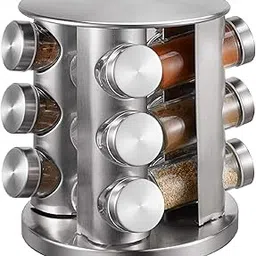 Rotating Spice Rack Set | 12 Glass Jars | Stainless Steel Stand | Spice Shaker | Seasoning Set | Spice Carousel | 3 Tiers | Table Top | Brushed Steel finish-picture-13