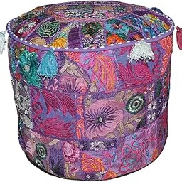 Sophia-Art Indian Embroidered Patchwork Cover Indian Decorative Pouf Indian Comfortable Floor Cotton Cushion Ottoman Pouf,Indian Designs Ethnic Patchwork Pouf (Purple, 14"x22")-image-1