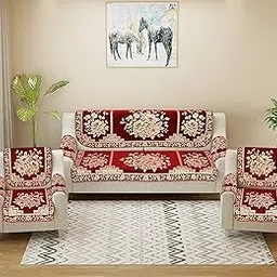 Velvet Sofa Cover with Arm Covers Set of 5 Seater - Premium Sofa Covers 3 Seater and 2 Seater Full Cover Set for Couch Seat - Heavy Fabric Sofa Slip Back Protector, 2702_Maroon-picture-15