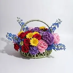 Fresh Garden Mixed Flower Arrangement, Red Yellow Purple Pink Blue Blooms, Woven Basket with Handle, Medium Size 35x30x25 cm, Decorative Design for Home Decor-picture-31