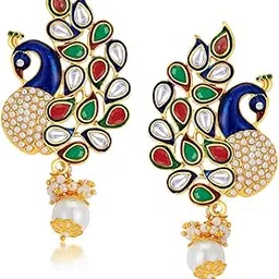 sukkhi Glorious Pearl Gold Plated Wedding Jewellery Kundan Peacock Meenakari Dangle Earring for Women (6083EADP570)-picture-29