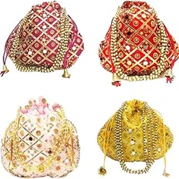 pink treasure Pack of 15 Indian Handmade Women's Embroidered Mirror Work Potli Bag with Pearls Handle Ethnic Bridal Purse Jewelry Pouch Bag-picture-31